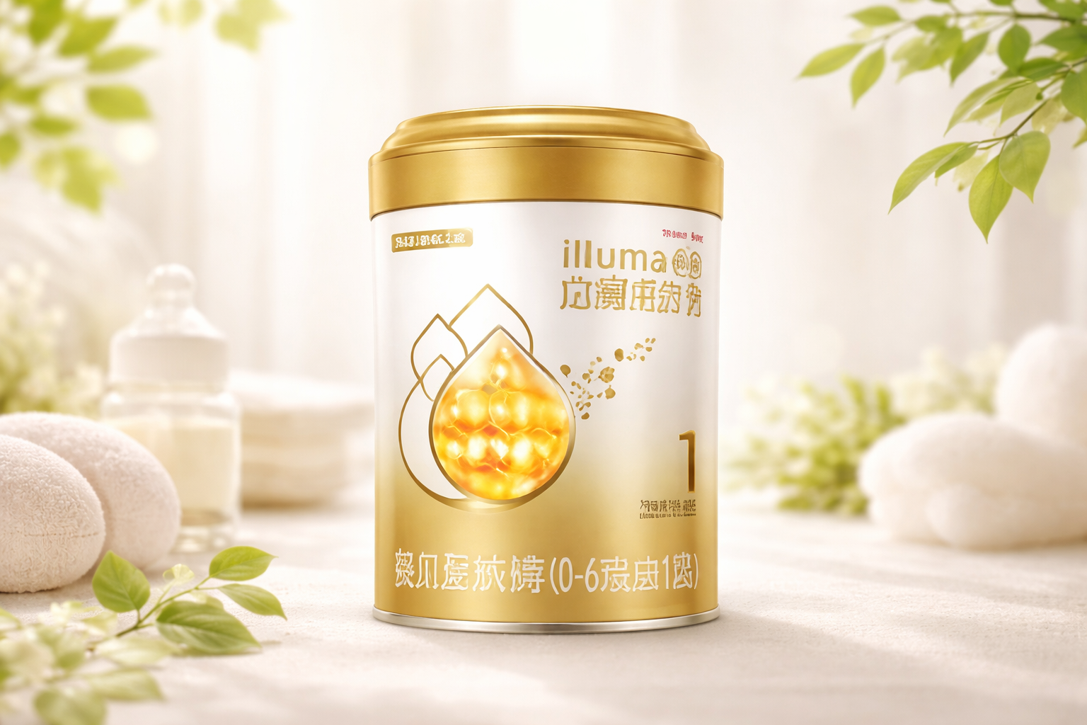 一罐惠氏启赋蕴淳1段奶粉的高清产品摄影图,放置在明亮的母婴背景中,周围有柔和的光线和绿叶点缀,展现高端、纯净的质感,专业商业摄影风格。
