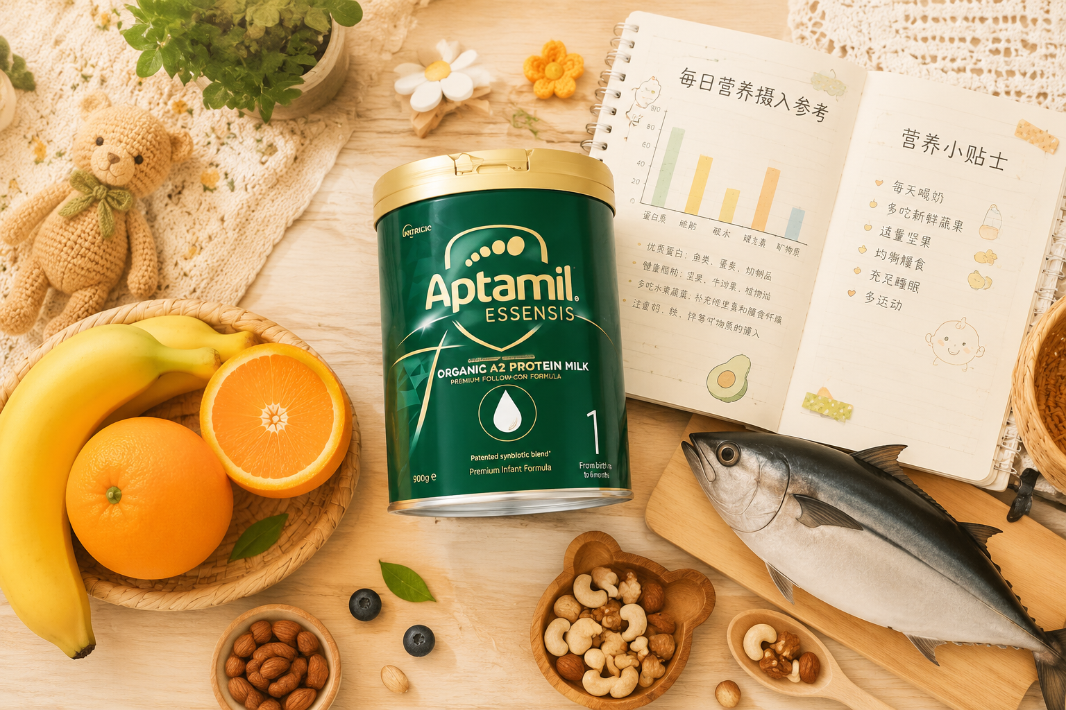 一张精美的母婴手帐风格平铺图,画面中有爱他美奇迹绿罐奶粉、新鲜的水果(香蕉、橙子)、深海鱼模型和坚果,旁边放着一本翻开的营养数据图表书,暖色调,俯视视角,展现丰富的营养元素,生活方式摄影。