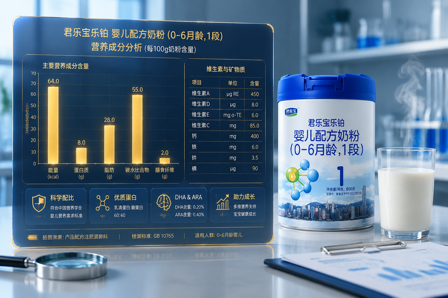 一张精美的营养成分数据可视化图表,带有金色的刻度线和发光的柱状图,旁边有一杯温热的牛奶,背景是干净的实验室桌面,呈现出严谨、科学、数据详实的测评风格。