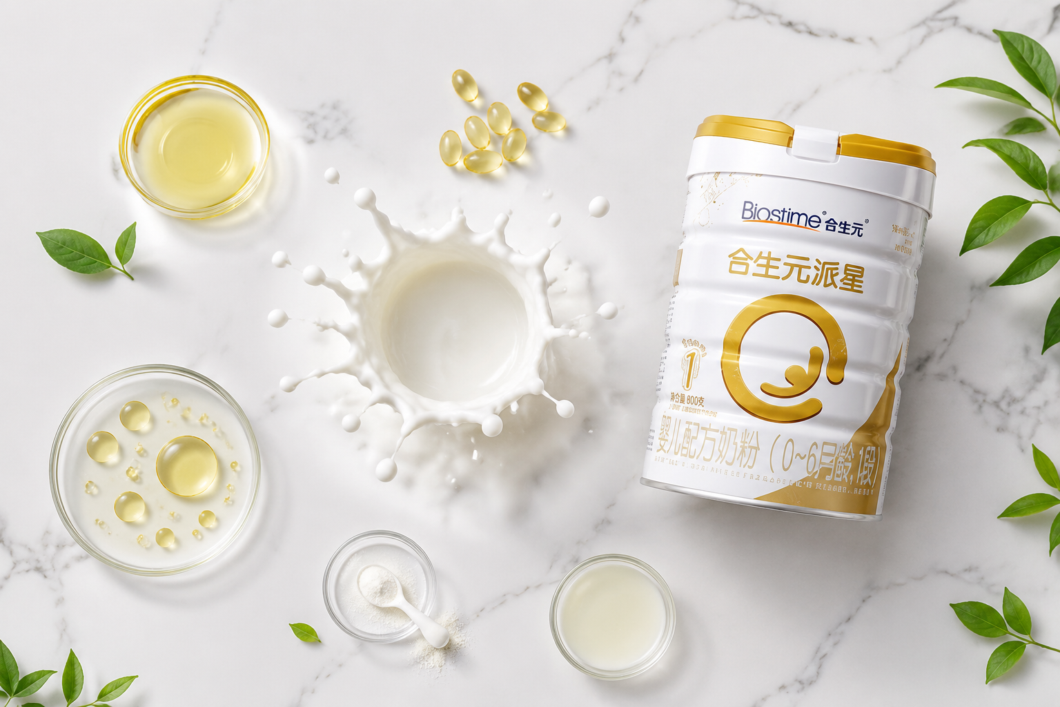 俯视角度,白色大理石桌面上整齐排列着新鲜的牛奶飞溅水花、植物油滴、维生素胶囊等天然配料的艺术摆拍,旁边放着一罐合生元派星奶粉,画面干净、纯粹、健康。