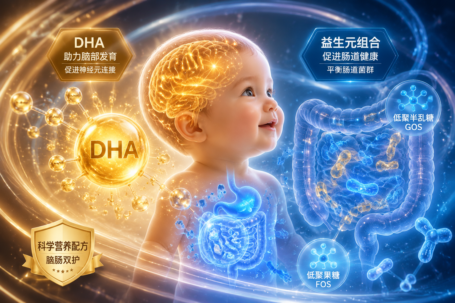 充满科技感的3D插画,展现婴儿大脑发育和肠道健康的微观世界,发光的DHA分子和益生元结构,暖色调与冷色调交织,体现科学营养配方,高质量渲染。