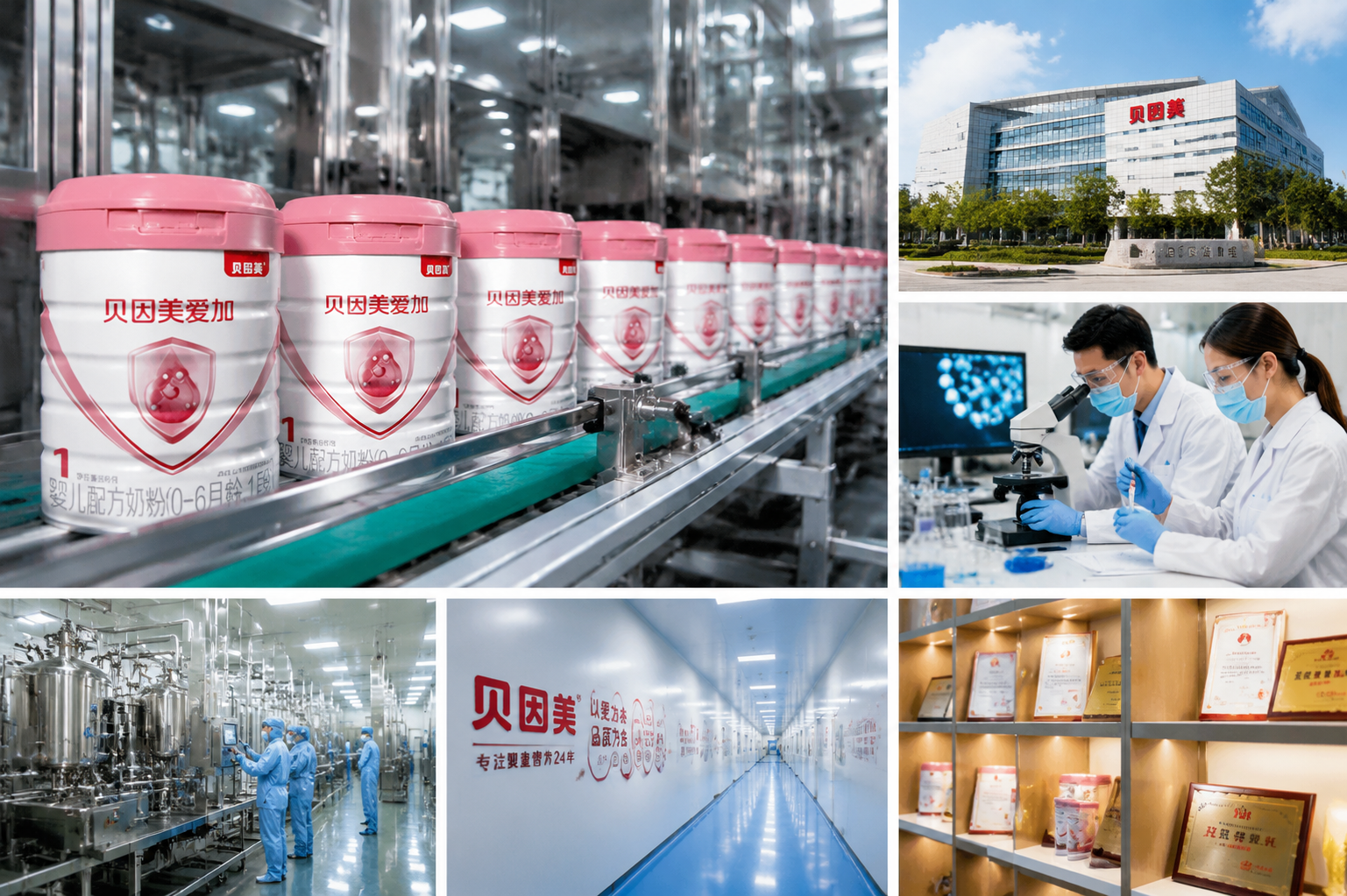 现代化的奶粉生产工厂,高科技研发实验室,干净无菌的生产环境,贝因美品牌背景,企业实力展示,高质量商业摄影。