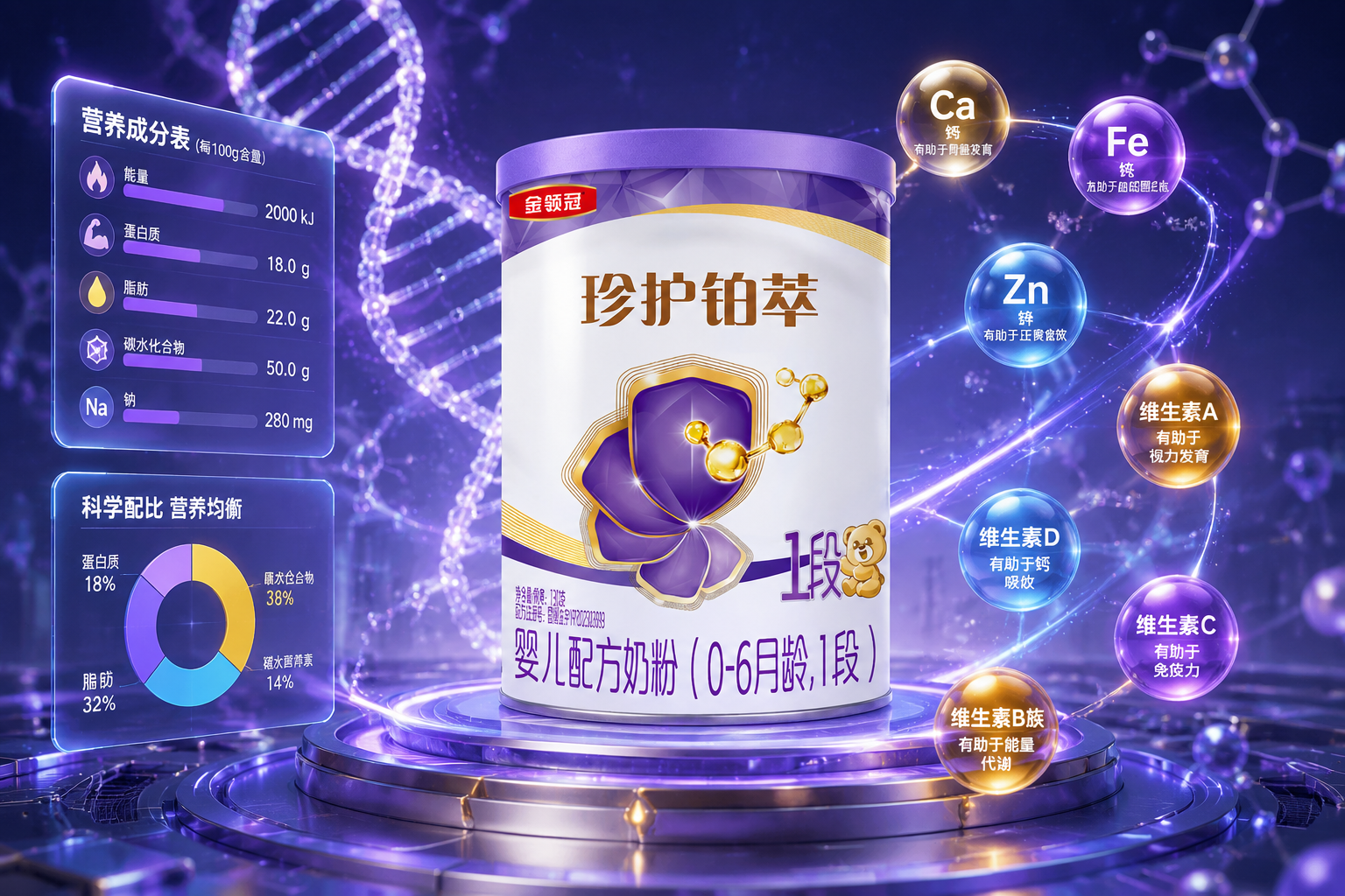 充滿科技感的營(yíng)養(yǎng)成分?jǐn)?shù)據(jù)可視化圖表，背景帶有發(fā)光的DNA螺旋和分子結(jié)構(gòu)，前景展示奶粉罐，旁邊懸浮著鈣、鐵、鋅、各種維生素的圖標(biāo)，3D高質(zhì)量渲染。