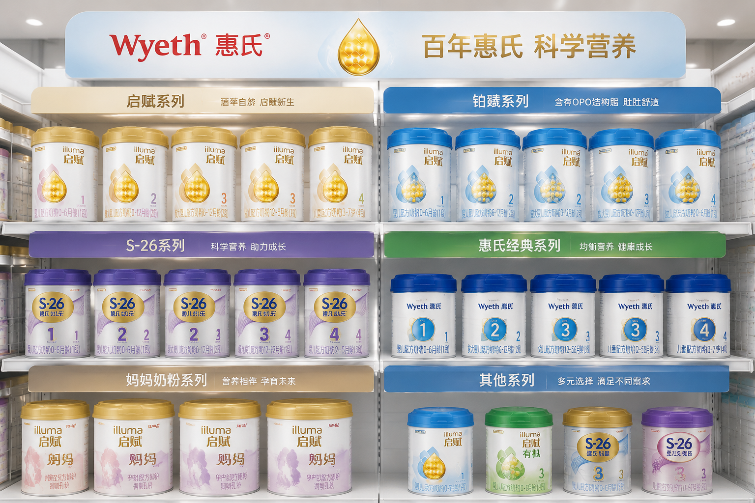 货架上整齐排列着不同系列和段数的惠氏奶粉罐,包括启赋、铂臻等,展现大品牌的丰富产品矩阵,背景明亮专业。