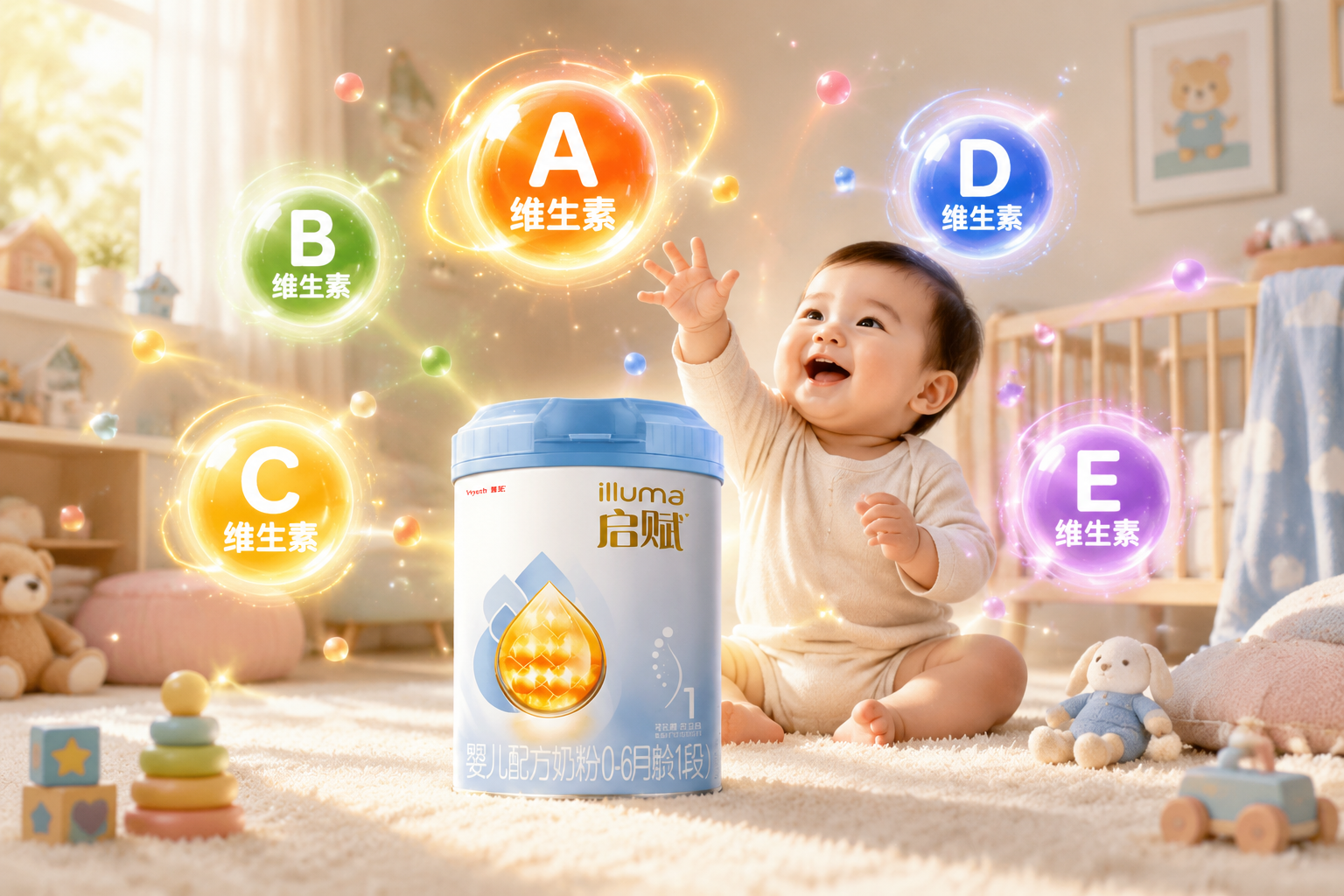 五颜六色的发光能量球,代表各种维生素(A, B, C, D, E),漂浮在温馨的婴儿房背景中,充满活力与生机。