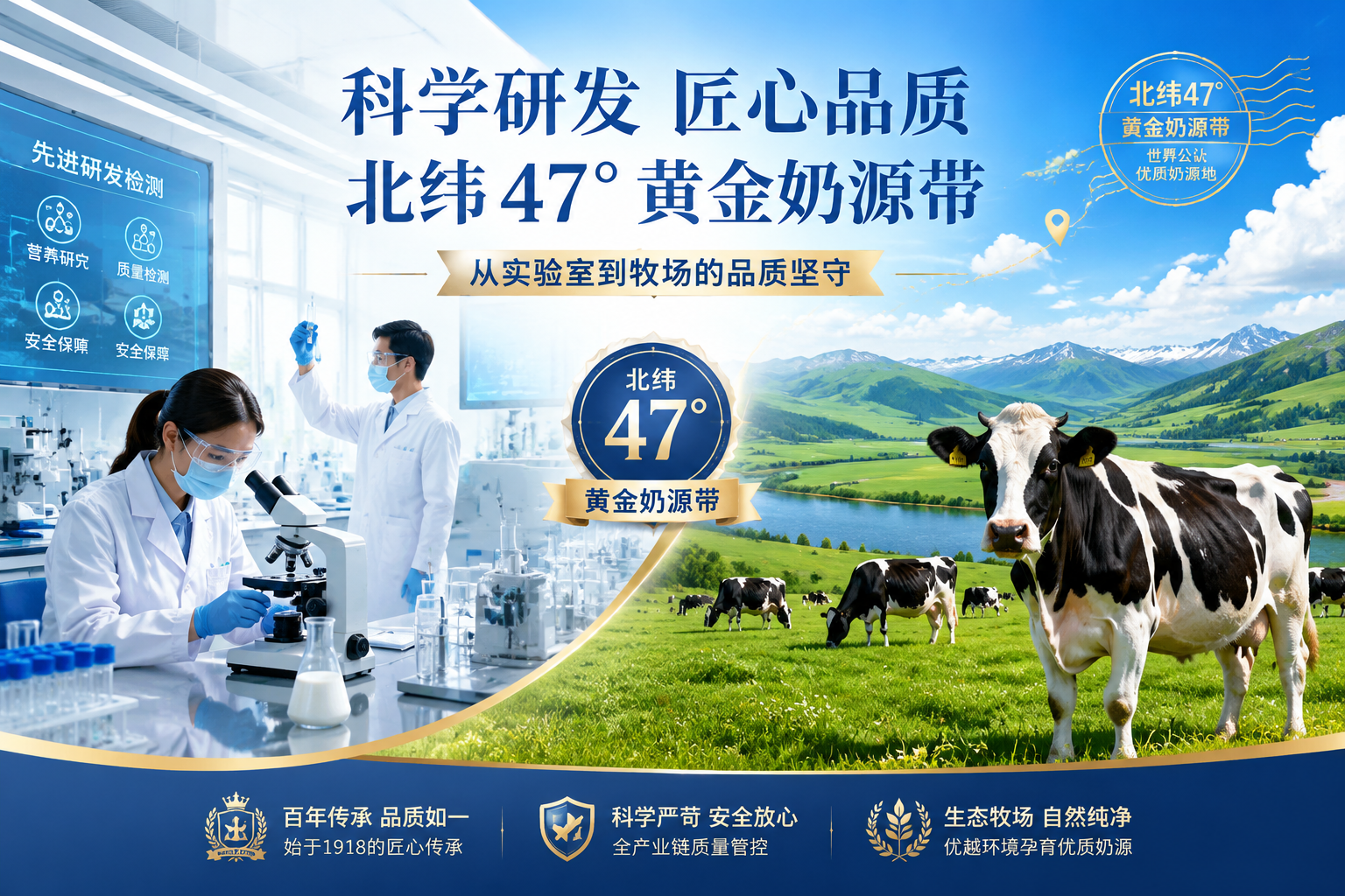 现代化的乳制品研发实验室与绿色生态牧场融合的插画,画面左侧是高科技的检测仪器和穿着白大褂的科研人员,右侧是蓝天白云下北纬47度黄金奶源带的健康奶牛,色彩明亮,传递出专业、安全、历史悠久的品牌形象。