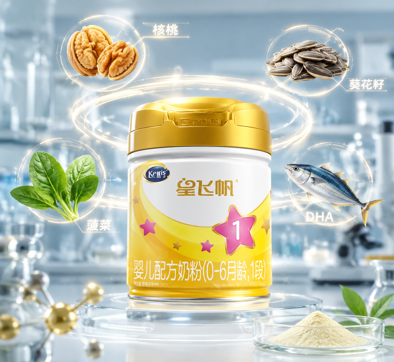 实验室风格的微距摄影,画面中心是奶粉罐,周围环绕着漂浮的配料元素如核桃、葵花籽、深海鱼(代表DHA)和绿叶蔬菜,科技感与自然感结合,高清晰度。