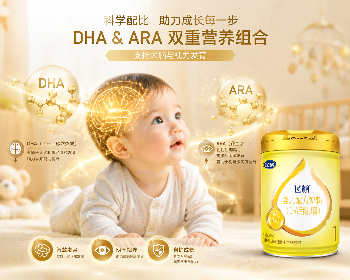 婴儿大脑和眼睛发育的概念图,金色的DHA和ARA分子结构漂浮在空中,背景是柔和的婴儿房,突出强化营养配方的高级感。