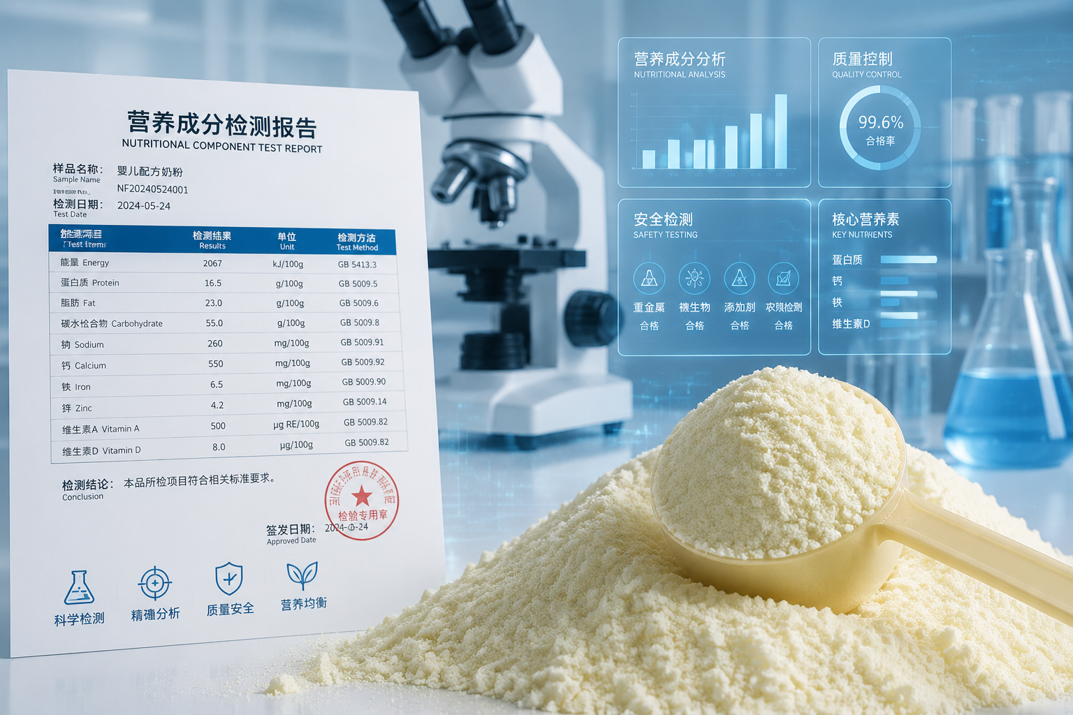 一张专业严谨的营养成分检测报告概念图,背景有显微镜、试管和数据图表,前景是清晰的奶粉粉末特写,传达科学、精准、安全的信息。