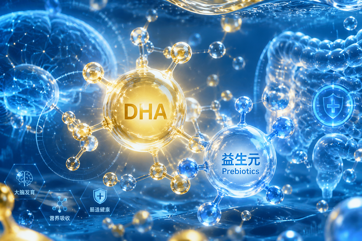 微观视角下的营养分子结构,发光的DHA和益生元分子在清澈的液体中漂浮,背景带有科技感和医学感,蓝色和金色的色调,代表大脑发育和肠道健康。