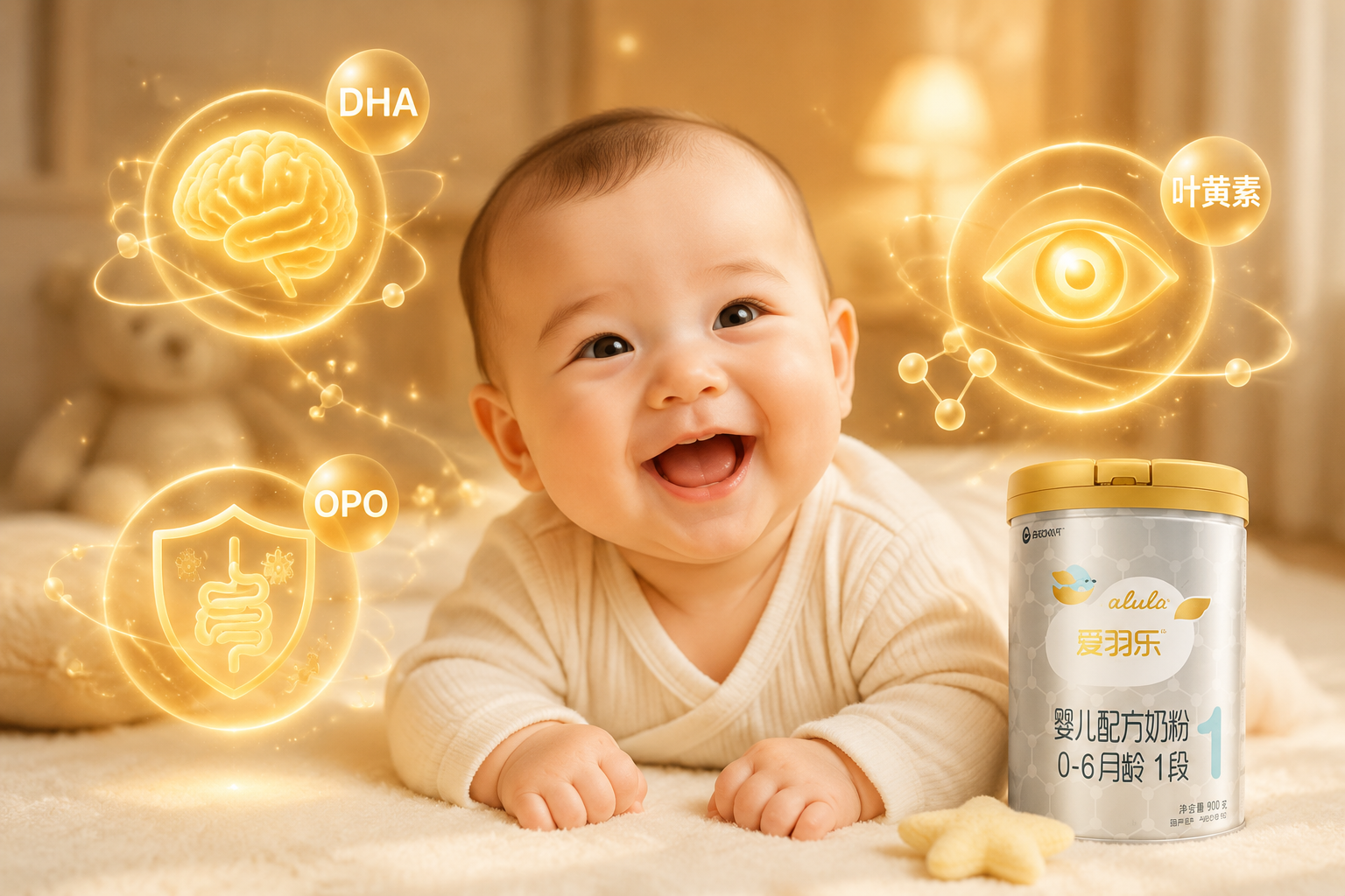 一个可爱健康的3个月大婴儿开心地笑着,周围环绕着发光的抽象图标,代表大脑发育、视力保护和肠道免疫力(如DHA、OPO、叶黄素的科学符号),温暖舒适的灯光,高品质3D渲染。