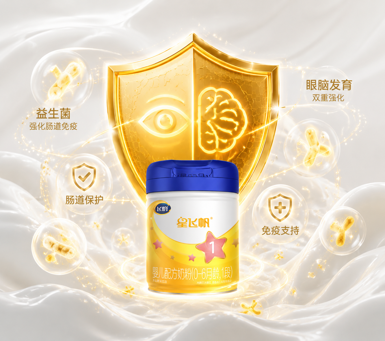 充满未来科技感的画面,一个发光的金色盾牌中心有眼睛和大脑的抽象符号,周围环绕着益生菌的微观气泡,代表眼脑发育与肠道免疫的双重强化保护,背景是纯净的乳白色波浪。