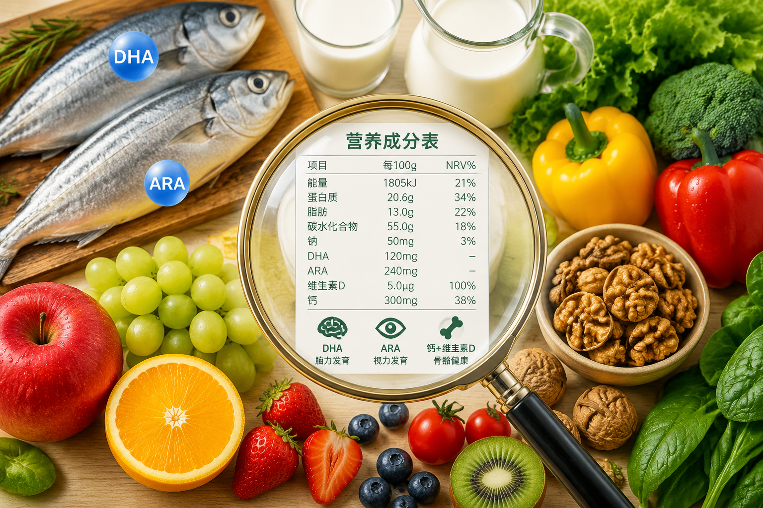 一张充满生机的营养食材平铺图,包含新鲜的深海鱼(代表DHA/ARA)、牛奶、核桃、新鲜蔬菜和水果,中间放着一个放大镜,放大镜里显示着清晰的营养成分表格图标,色调明亮健康。