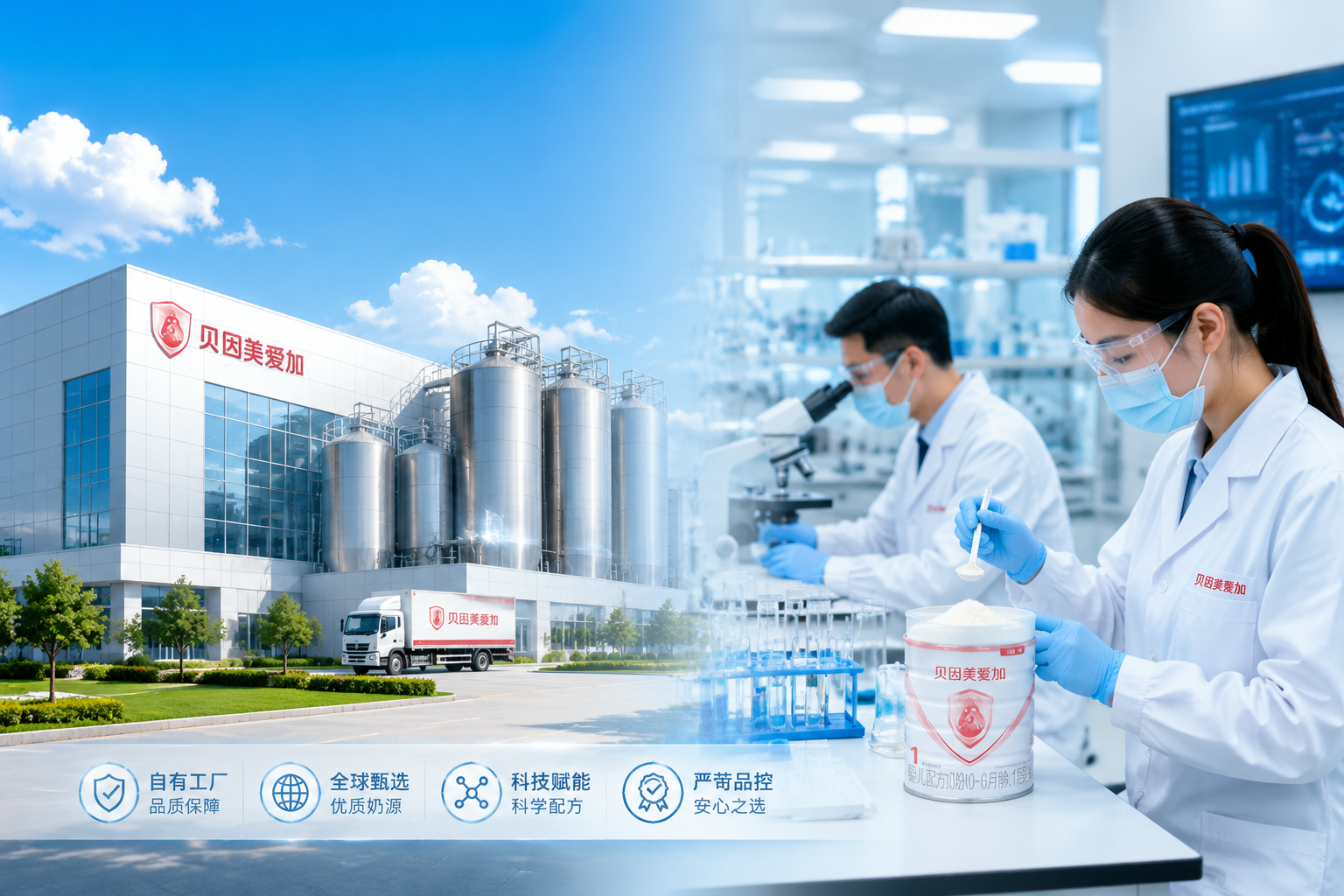 现代化的奶粉生产工厂外景与研发实验室的拼接图，左侧是蓝天白云下的科技感工厂，右侧是穿着白大褂的科研人员在无菌实验室研发配方，明亮色调，展现品牌硬核实力。