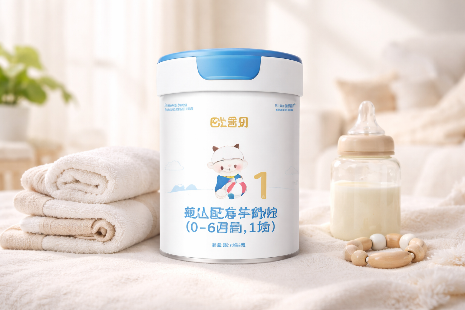 一罐欧恩贝羊奶粉1段的高清产品图,放置在温馨的母婴环境中,旁边有柔软的婴儿毛巾和奶瓶,光线柔和明亮,体现高端品质感。