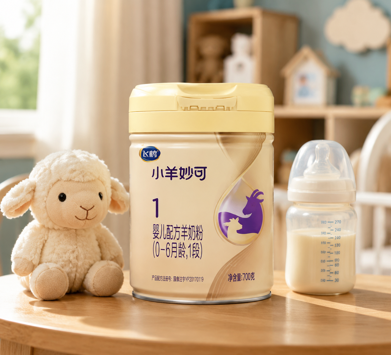 一罐飞鹤小羊妙可羊奶粉1段放置在温馨的母婴室木桌上,旁边有可爱的羊羔毛绒玩具和奶瓶,柔和的自然光,专业摄影,高分辨率,逼真细节。