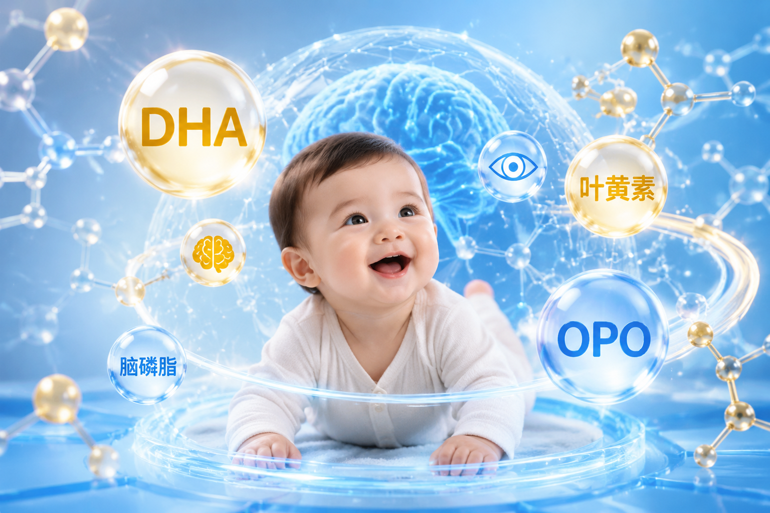 充满科技感的分子结构图,包含DHA、OPO、叶黄素等营养元素的图标,环绕着一个健康快乐的婴儿,背景是柔和的蓝色调,代表科学配方与大脑发育,3D渲染,精美细节。