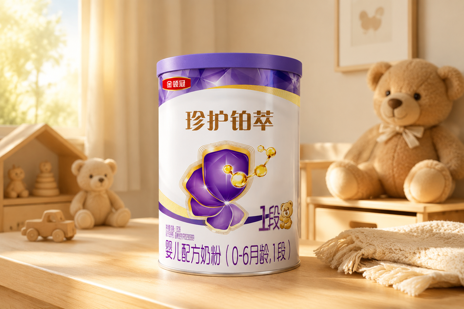 一罐伊利金領(lǐng)冠珍護(hù)鉑萃奶粉1段放置在溫馨的嬰兒房木桌上，背景是柔和的陽(yáng)光和可愛的毛絨玩具，高品質(zhì)產(chǎn)品攝影，打光柔和，突出奶粉罐的高級(jí)質(zhì)感，8k分辨率。