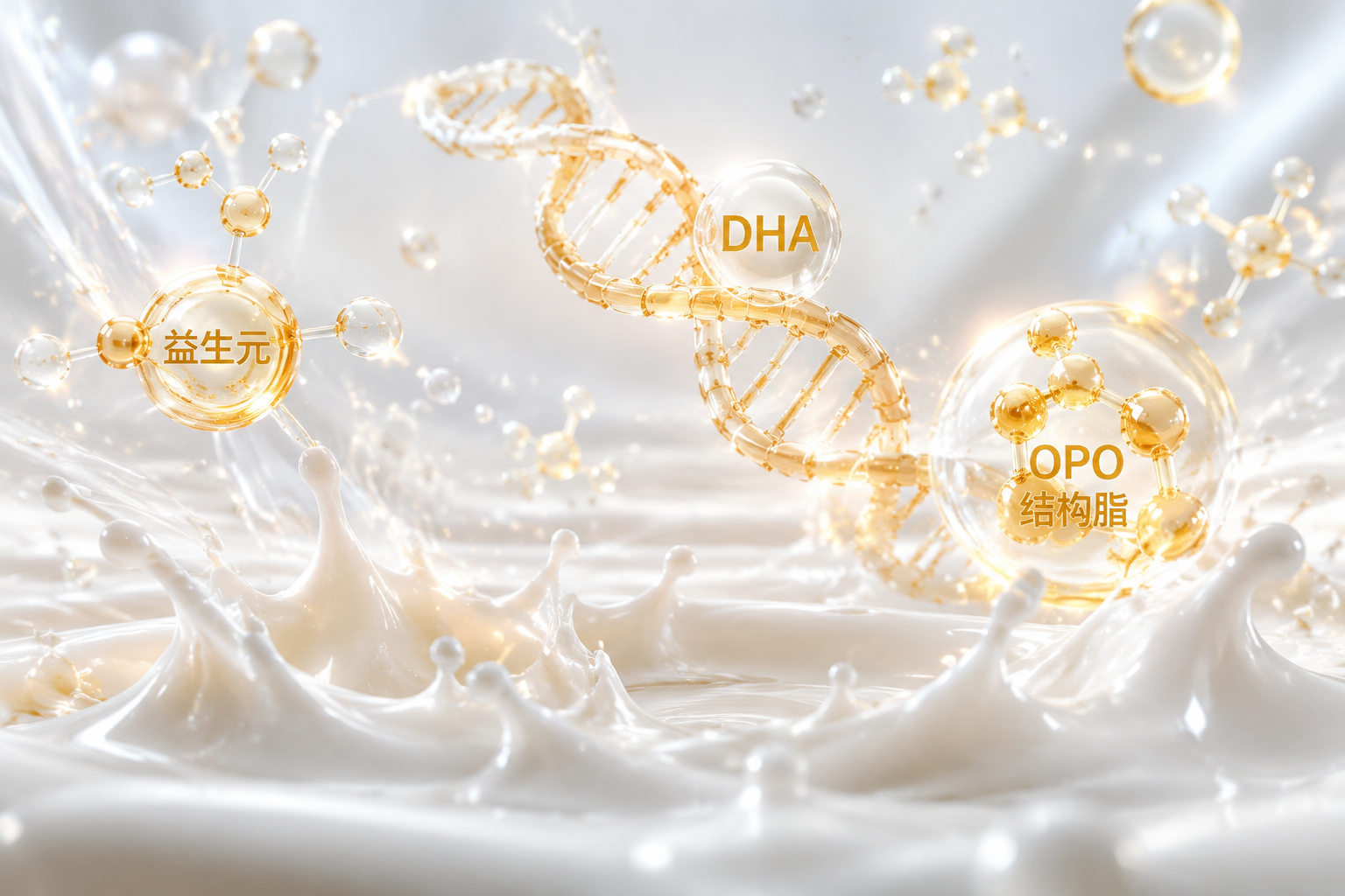 微观世界下的营养元素发光粒子,包含DHA双螺旋结构、益生元分子、OPO结构脂等,漂浮在纯白的牛奶液体上方,充满科技感与生命力,3D渲染,微距摄影。