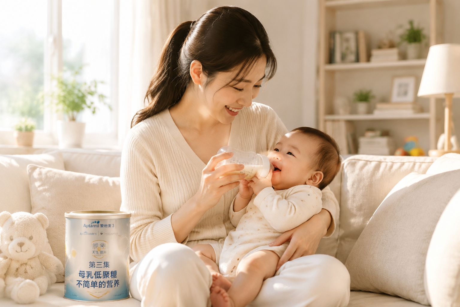 一位温柔的亚洲妈妈正在家里给大约6个月大的宝宝喂奶粉,宝宝开心地喝着奶瓶,环境是充满阳光的温馨客厅,画面洋溢着母爱与安心的氛围。