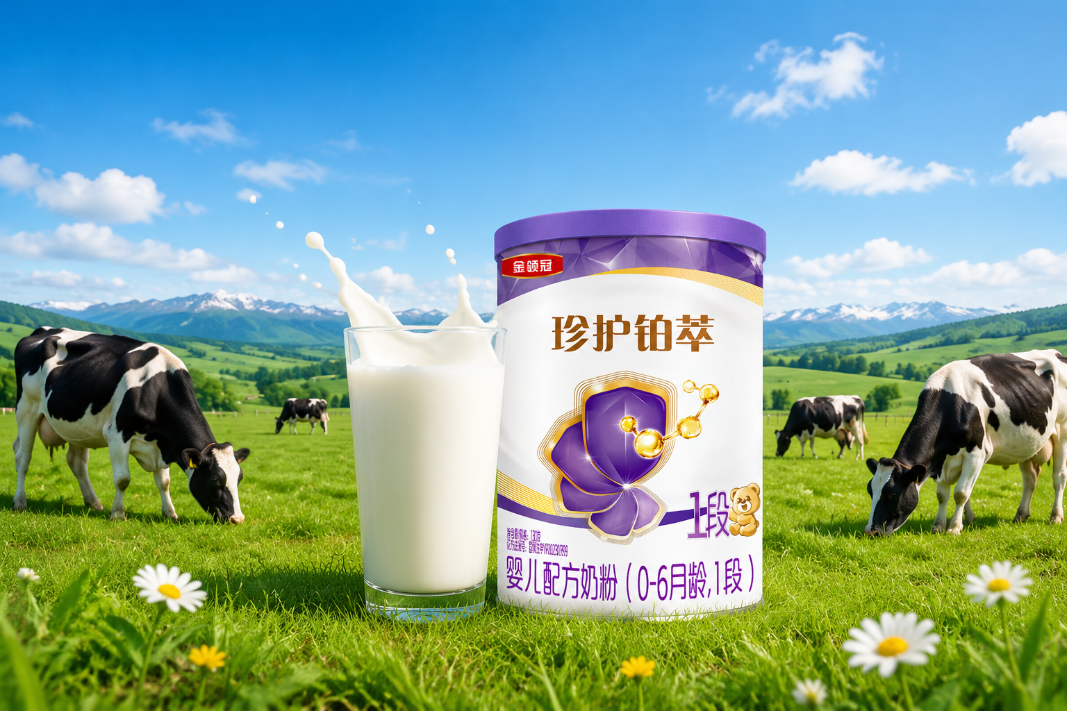 廣闊美麗的北緯40度黃金牧場(chǎng)，藍(lán)天白云下綠草如茵，幾頭健康的黑白花奶牛在悠閑吃草，畫面中央融合展示一杯純凈的鮮牛奶和奶粉罐，自然清新風(fēng)格。