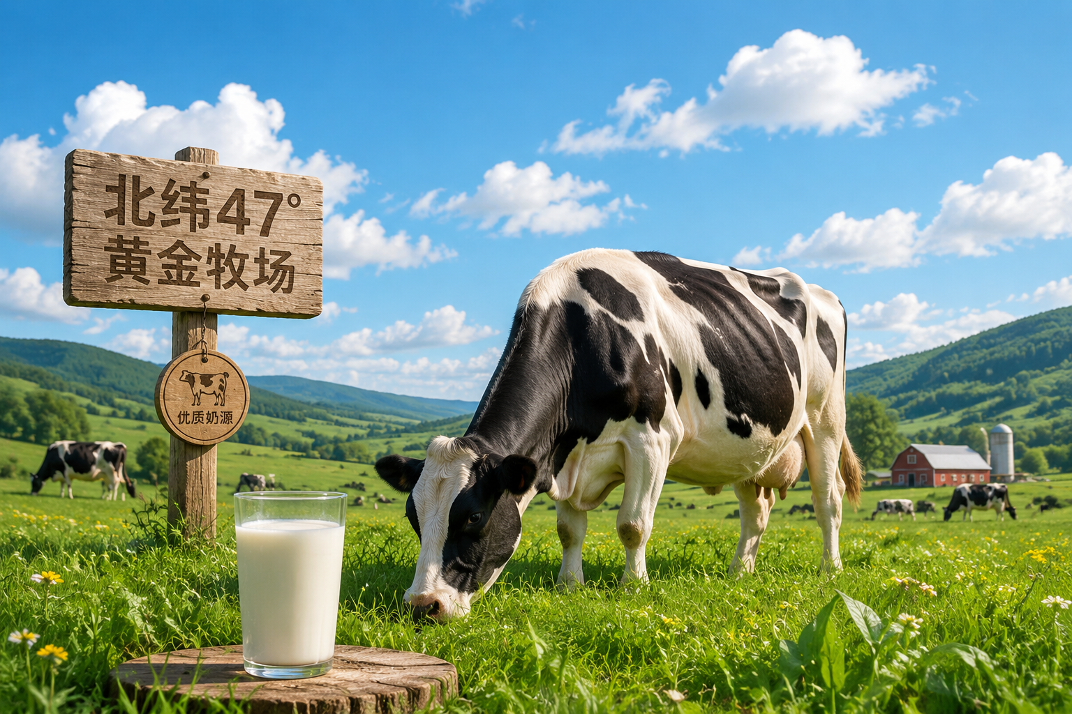 广阔美丽的北纬47度黄金牧场,蓝天白云下绿草如茵,健康的黑白花奶牛在悠闲吃草,旁边有一杯纯净的鲜牛奶,画面清新自然,充满生机。