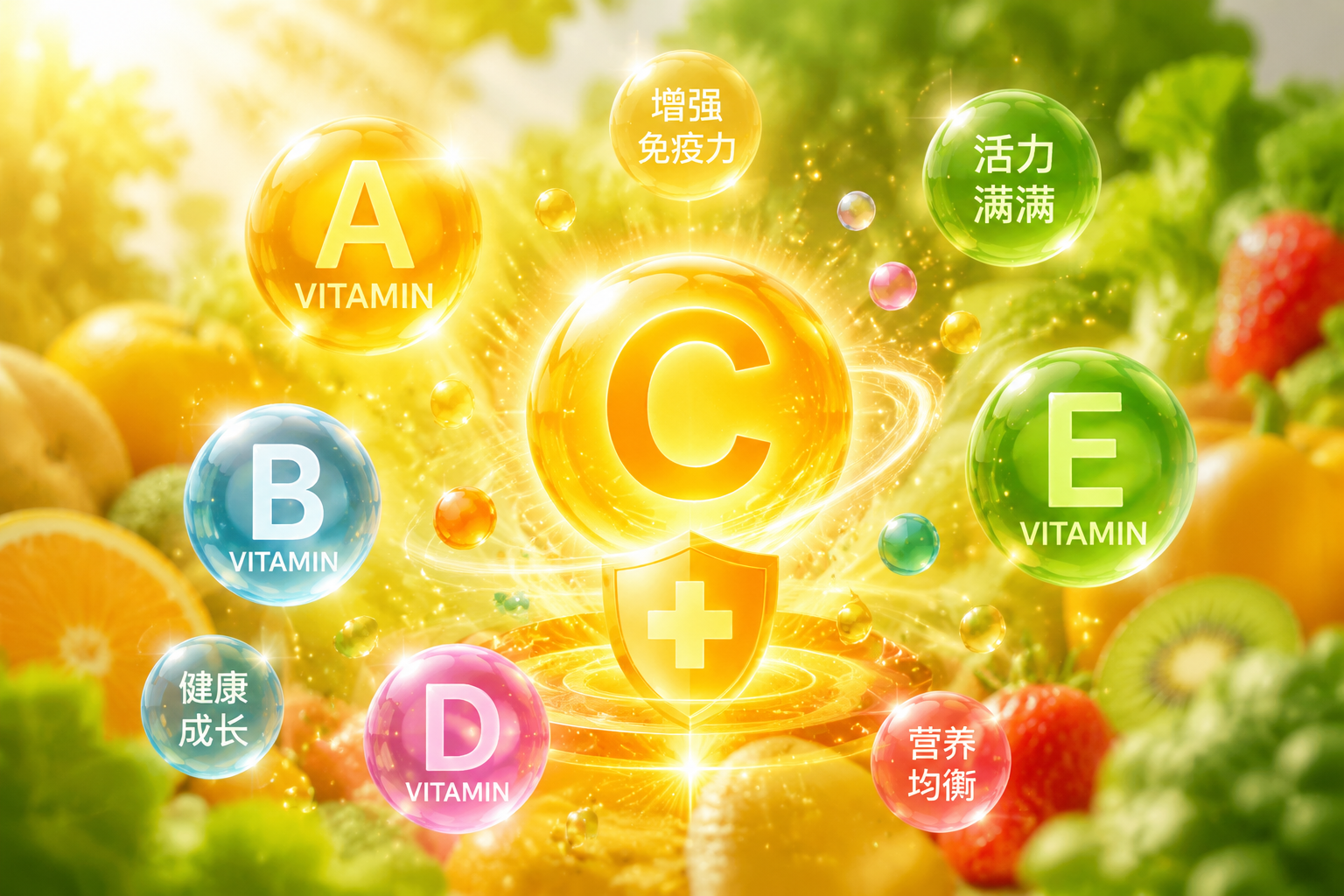 充满活力的维生素概念图,色彩丰富的气泡包裹着A、B、C、D、E等字母,背景隐约有新鲜水果和蔬菜的剪影,阳光穿透画面,展现维生素带来的生命活力与免疫力提升。