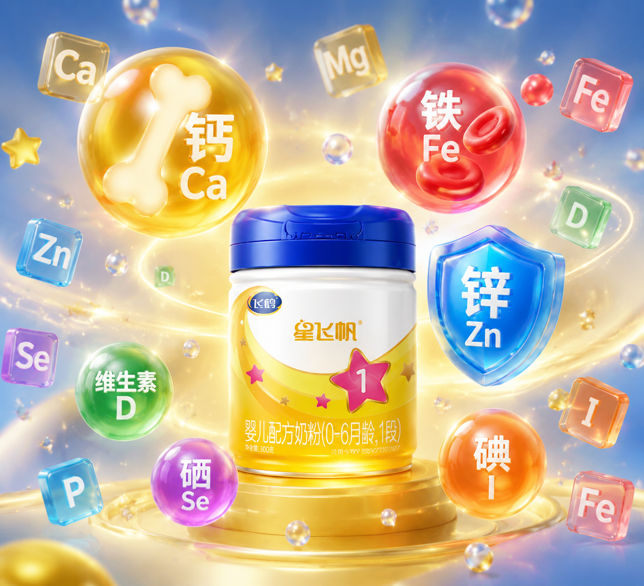 3D生动图标设计,展示各种矿物质元素,如闪耀的骨头图标代表钙,红细胞图标代表铁,盾牌代表锌,元素周期表字母漂浮在周围,色彩丰富,质感通透,寓意宝宝强壮的体格基础。