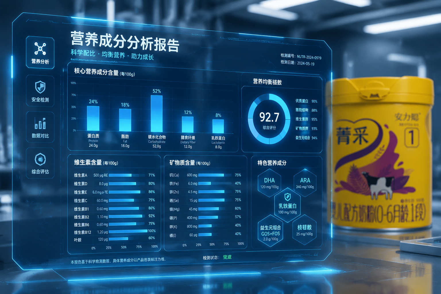 充满未来科技感的全息投影数据面板,上面显示着各种营养成分的柱状图和百分比数据(蛋白质、维生素、矿物质等),背景是模糊的实验室和奶粉罐,体现专业硬核的数据测评风格。