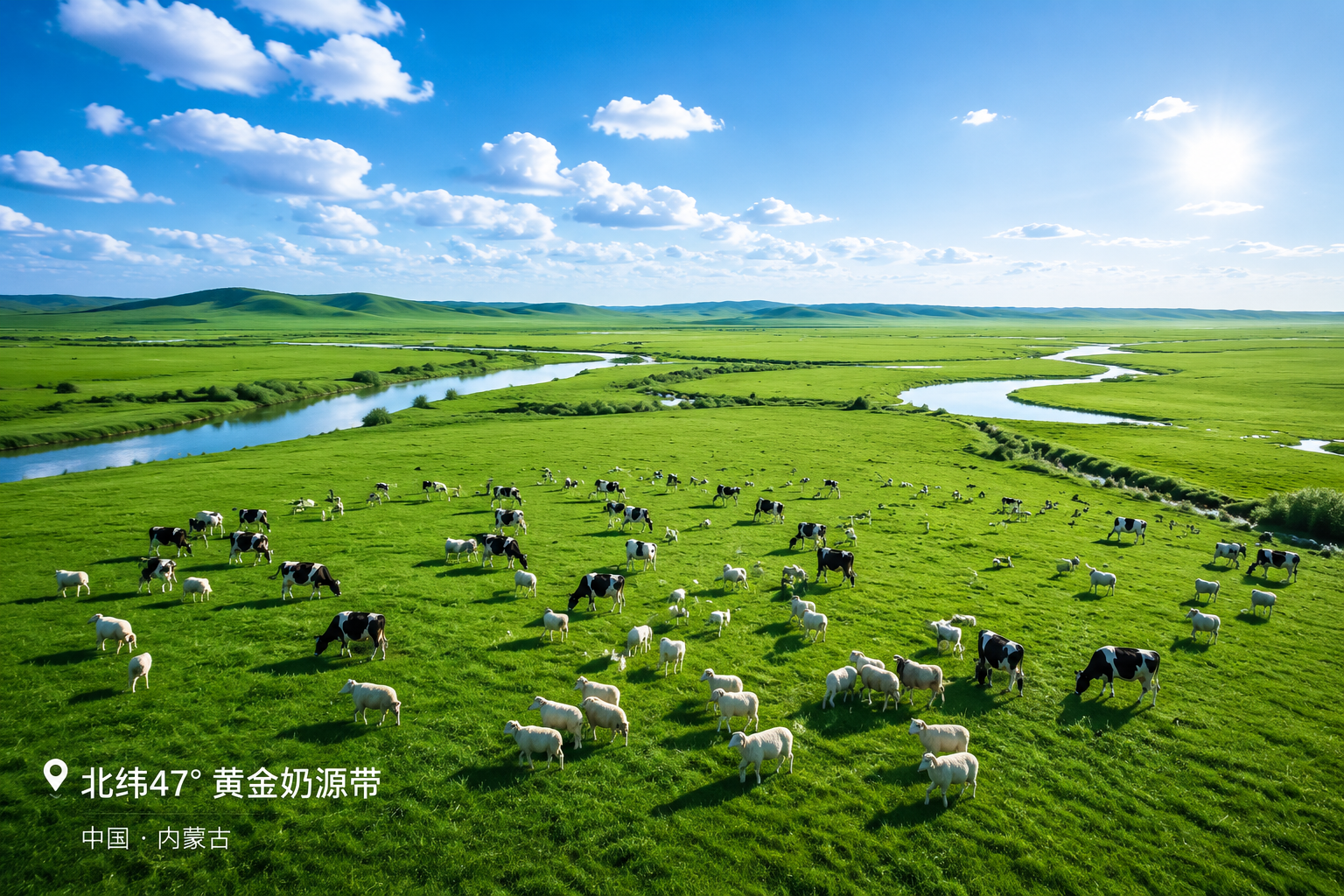 中国北纬47度黄金奶源带的广阔草原风景,蓝天白云,阳光明媚,健康的奶牛和奶羊在吃草,自然生态,生机勃勃,航拍视角。