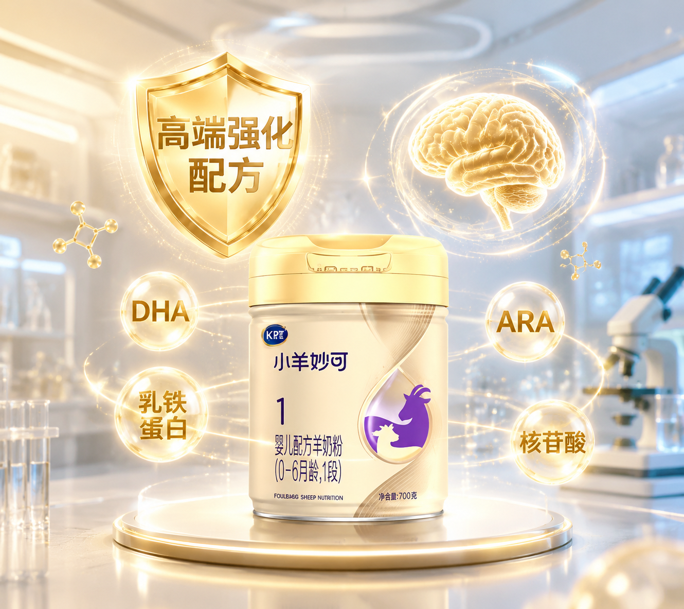 代表高端强化配方的金色盾牌和大脑发光图标,DHA、ARA、乳铁蛋白等文字悬浮在空中,背景是高科技实验室的柔和光影,未来感。