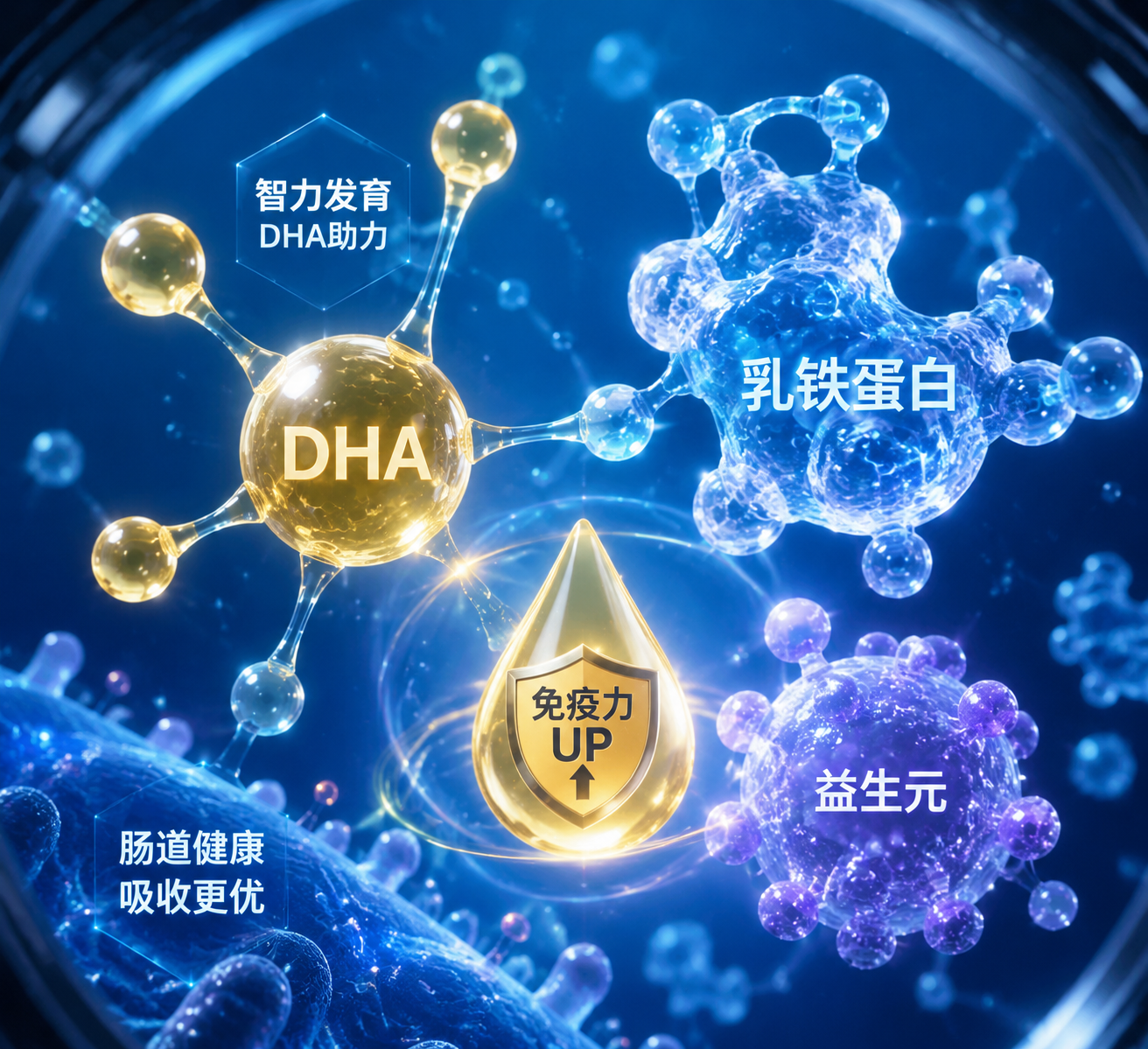 充满科技感的显微镜视角下的营养分子结构图,发光的DHA、乳铁蛋白、益生元分子在蓝色背景中漂浮,代表着高端免疫与智力发育配方,3D渲染。