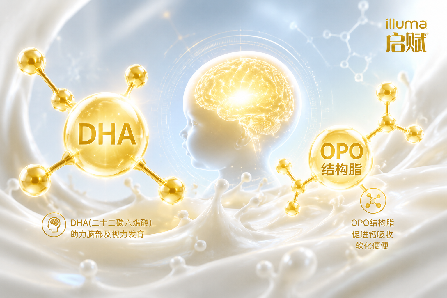 充满科技感的营养元素微观图,金色的DHA分子结构和OPO结构脂在纯净的牛奶波浪中闪耀,象征着高端科学配方和宝宝大脑发育。
