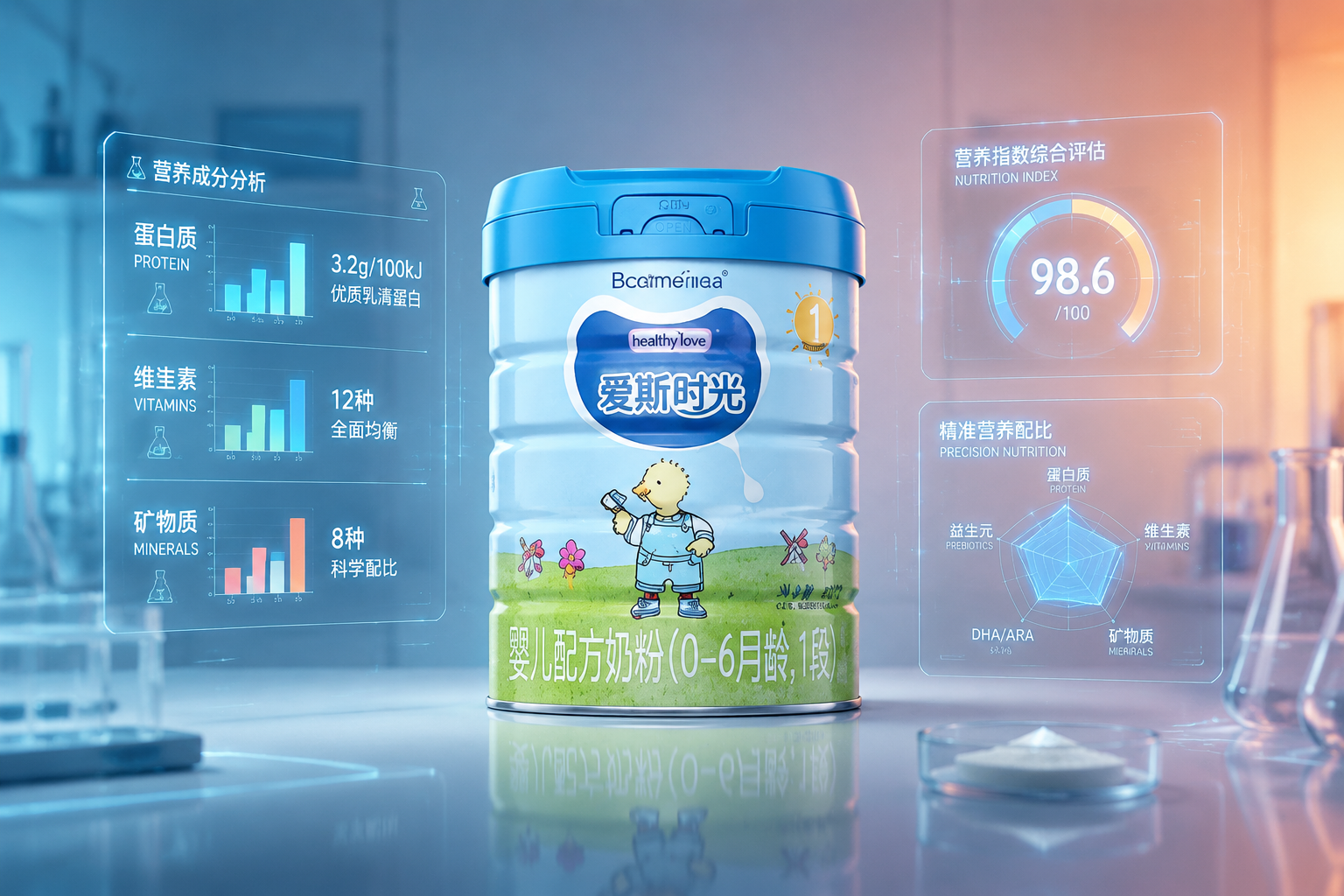 奶粉罐旁边漂浮着各种营养成分的半透明数据图表和仪表盘(如蛋白质、维生素、矿物质的柱状图),背景是极简的实验室桌面,体现专业测评、数据分析和精准营养,现代科技风格,冷暖色调对比。