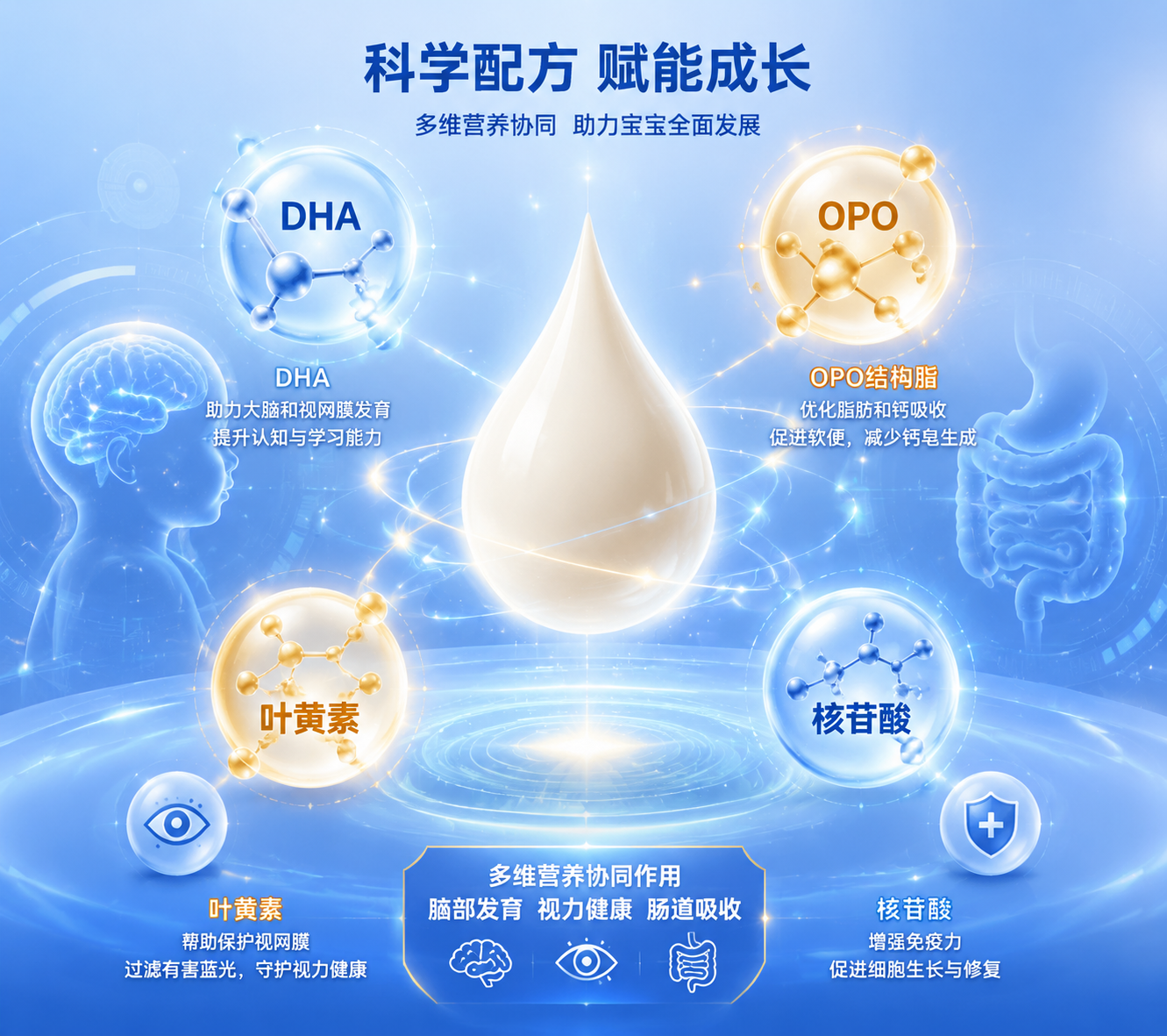 充满科技感的配方解析图解,画面中心是漂浮的奶滴,周围环绕着代表DHA、OPO、叶黄素、核苷酸的发光分子结构图标,背景是柔和的蓝色渐变,展现配方在脑部视力和肠道吸收上的显著优势。