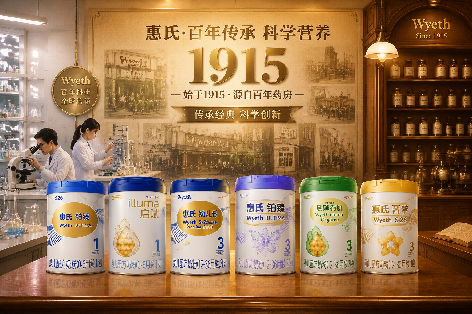 現代醫(yī)藥研發(fā)實驗室與歷史悠久的百年藥房相融合的畫面，背景墻上有1915年份標志，前景展示惠氏旗下多個系列奶粉罐的剪影，色調溫暖、專業(yè)，彰顯品牌底蘊與百年傳承。