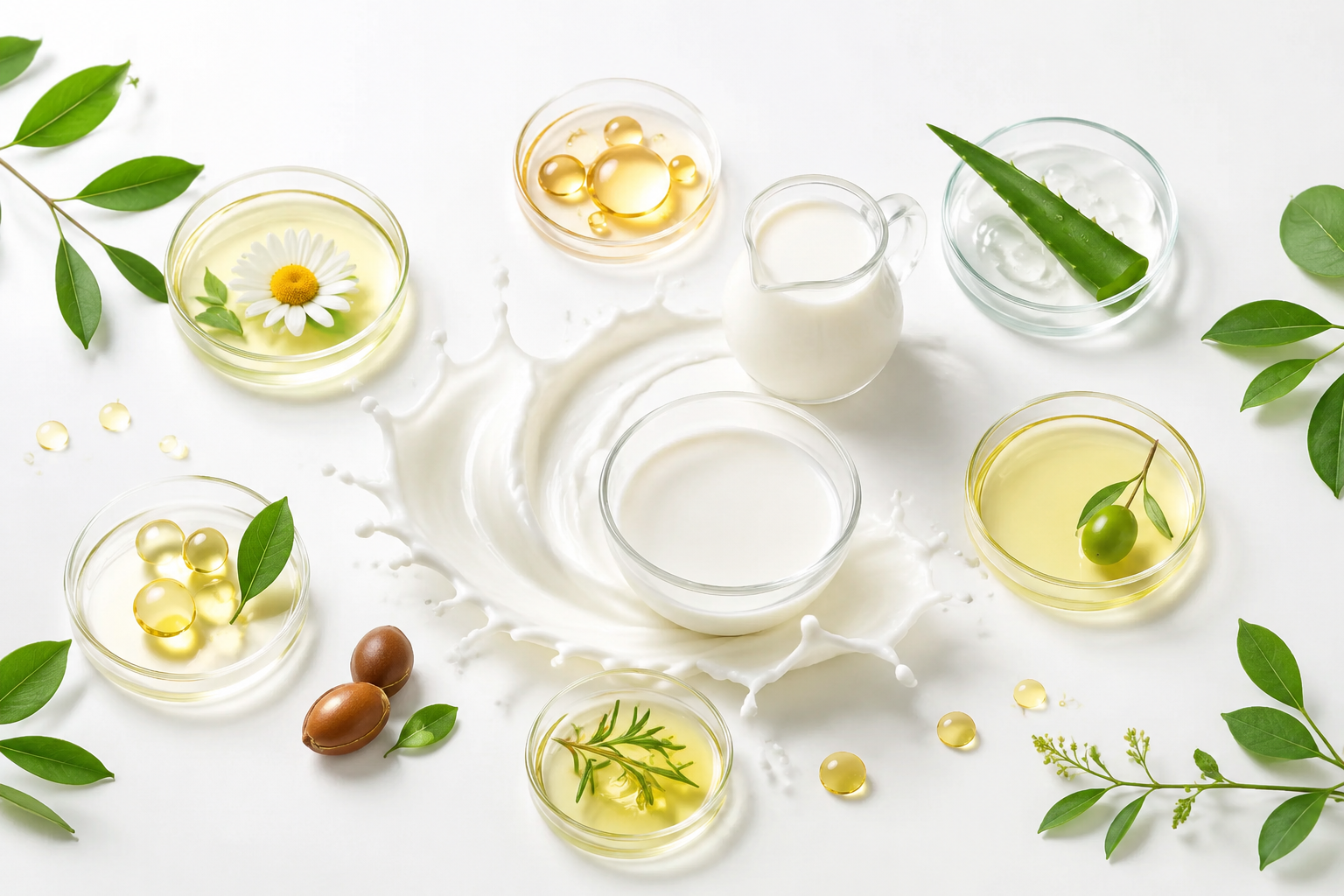 清新的配料表概念图，各种天然提取物、植物油滴、新鲜牛奶元素以艺术化的方式排布在纯白背景上，旁边有绿叶点缀，清晰明亮，商业摄影风格。