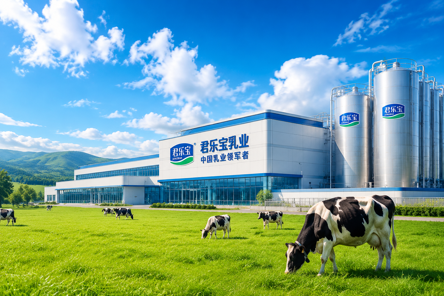 现代化的乳制品生产工厂外观,背景是蓝天白云和广阔的绿色牧场,几头健康的黑白花奶牛在吃草,画面明亮、充满生机,象征着强大的品牌实力和天然牧场,8k分辨率,电影级光影。