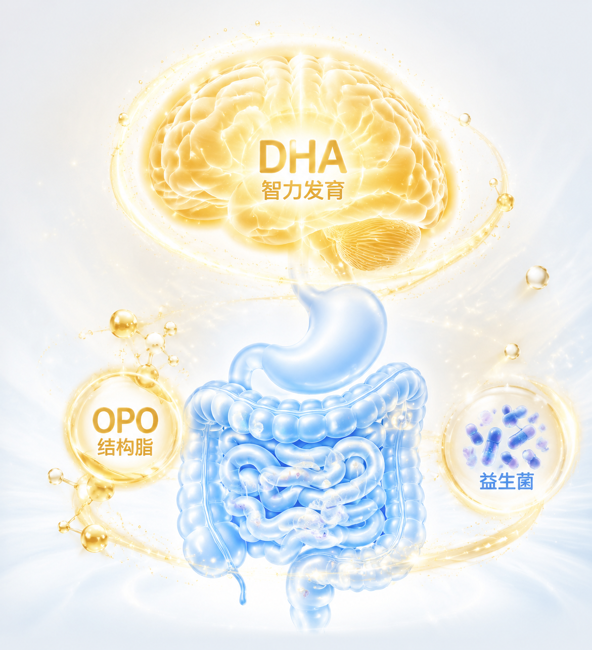 概念插画,一个发光的大脑(代表DHA智力发育)和健康的肠道系统(代表OPO和益生菌),周围环绕着金色的发光粒子,医学插画风格,干净现代,浅色背景。