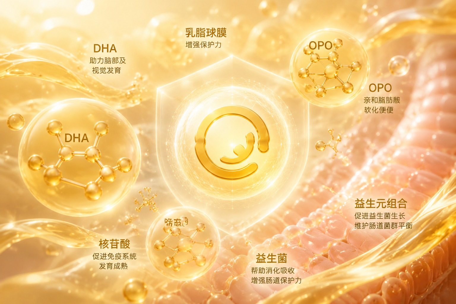 3D微观发光分子结构图,展示DHA、OPO、核苷酸等营养分子在金色的液体中漂浮,充满科技感和生命力,背景是柔和的暖色调,象征着母乳般的呵护与肠道保护力。