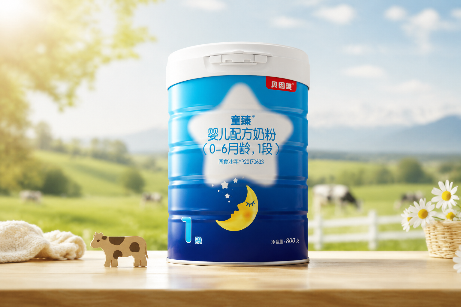 摄影级商品图,一罐贝因美童臻奶粉1段(新国标)放置在干净明亮的木质桌面上,背景是柔和的阳光和模糊的绿色牧场,体现出自然、纯净、高端的母婴产品氛围,8k分辨率,逼真光影。