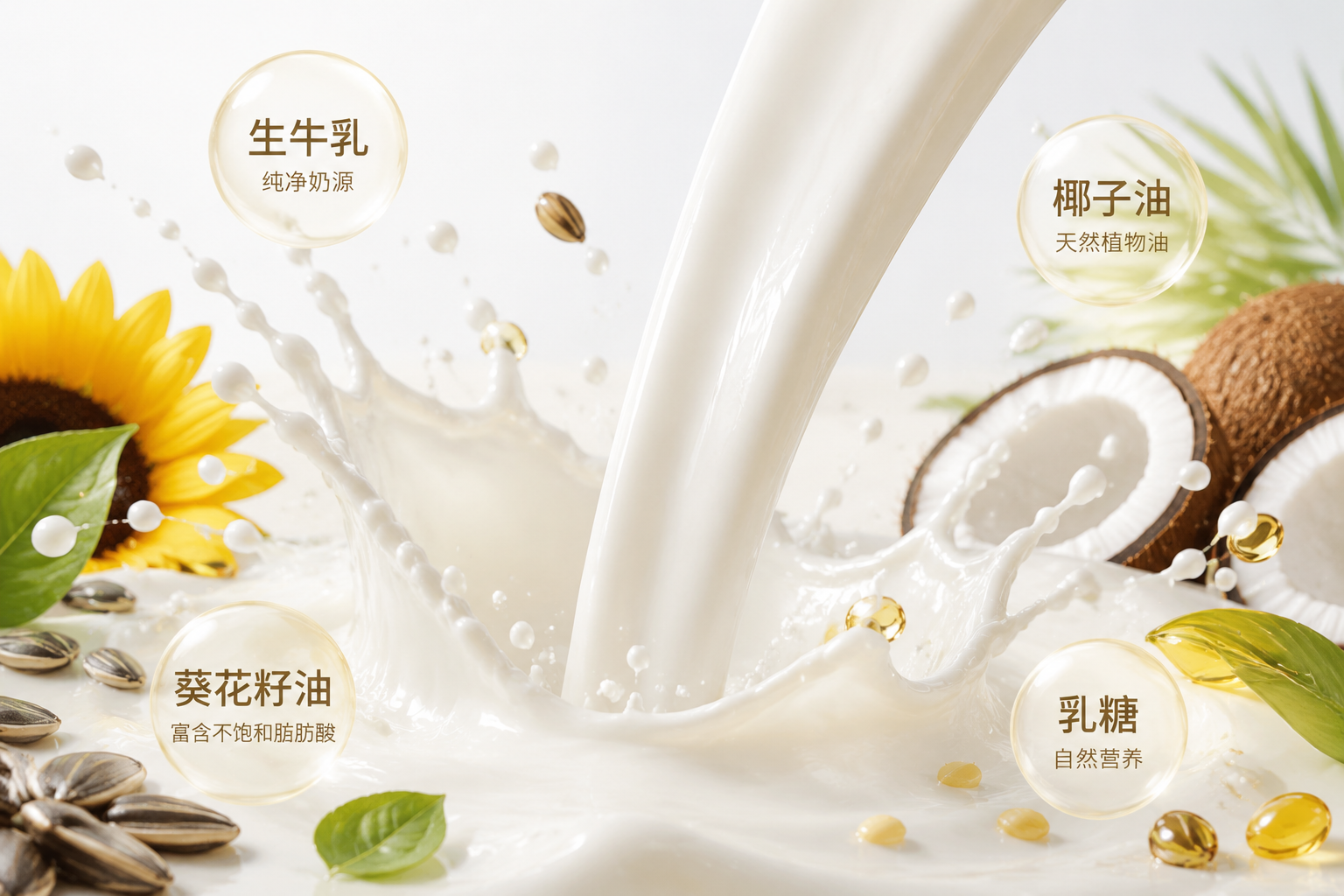 纯净的生牛乳倾倒而下的特写镜头,周围点缀着葵花籽、椰子等天然植物油的唯美元素,背景干净通透,水花飞溅的瞬间被定格,展现配料表的纯净、天然与高品质。