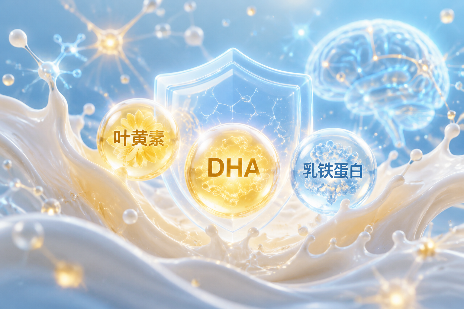 微距3D渲染图，发光的营养分子（代表DHA、叶黄素、乳铁蛋白）漂浮在纯净的牛奶波浪中，周围有保护盾牌和大脑神经元的半透明发光图标，充满科技感与健康感，淡蓝色与暖黄色调。