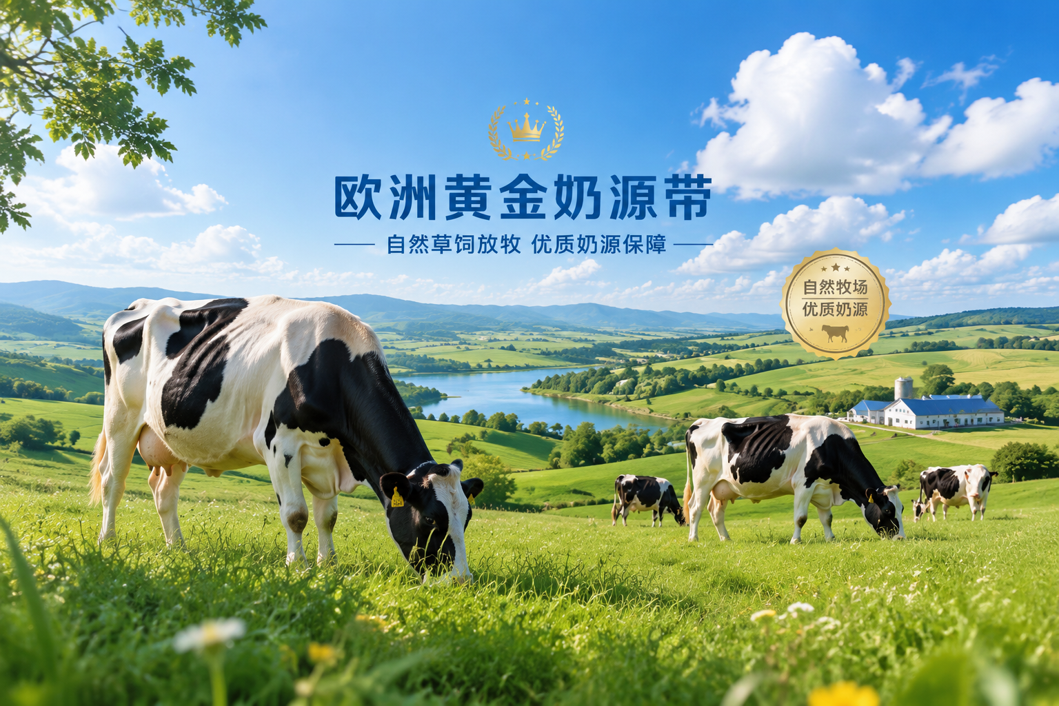 欧洲黄金奶源带的广阔绿色牧场,蓝天白云下健康的奶牛在户外草饲放牧,画面充满自然与生机,体现优质奶源地。