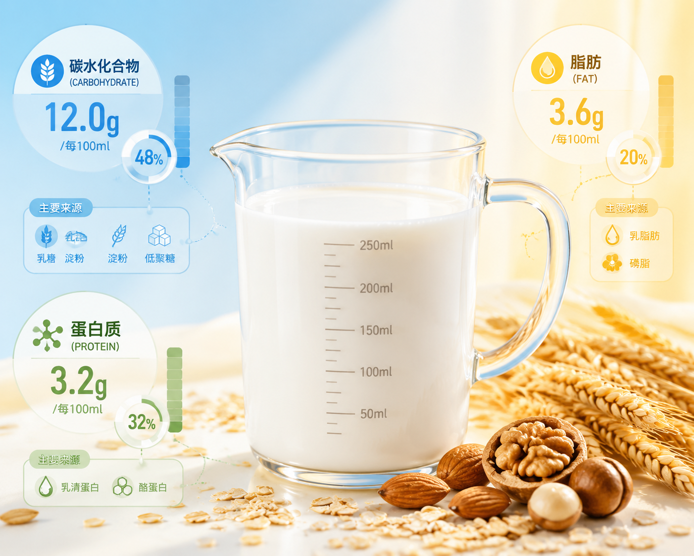 营养成分的数据可视化图表背景,前景是一个透明的玻璃量杯装满纯白色的牛奶,旁边散落着麦穗和坚果,象征着基础营养碳水化合物、蛋白质和脂肪,明亮清新的风格。