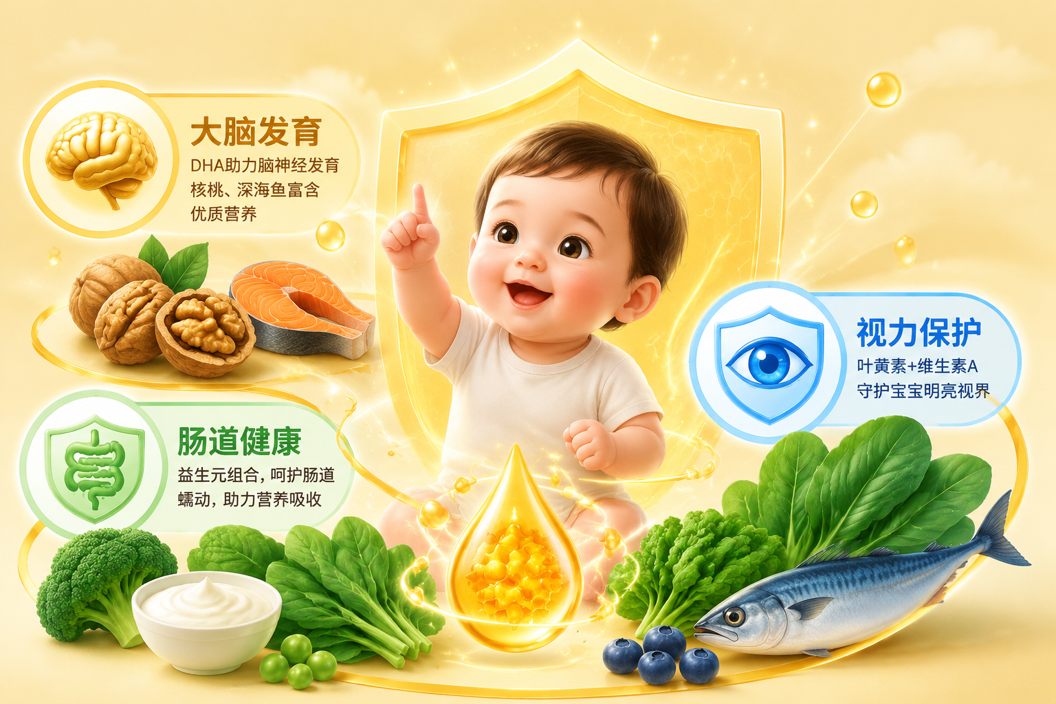展现宝宝大脑发育、肠道健康、视力保护的插画,画面包含核桃、深海鱼、绿色蔬菜等天然食材的元素,配以盾牌和眼睛的图标,象征全面保护。
