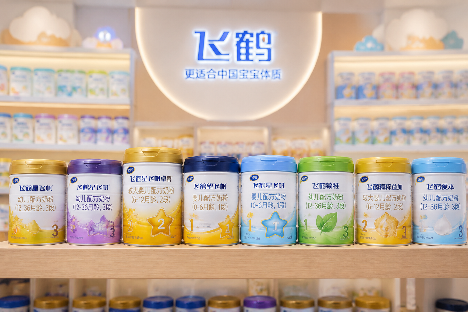 一排排列整齐的飞鹤品牌各个系列和段数的奶粉罐,背景是柔和的母婴店货架,景深效果,突出品牌产品线的丰富,高质量商业摄影。