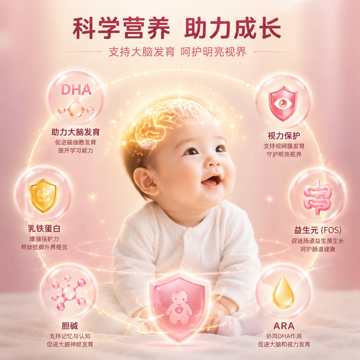 婴儿大脑发育和视力保护的概念图,包含DHA、乳铁蛋白、益生元等元素的科学发光图标,环绕着健康可爱的婴儿,温馨且充满科技感。
