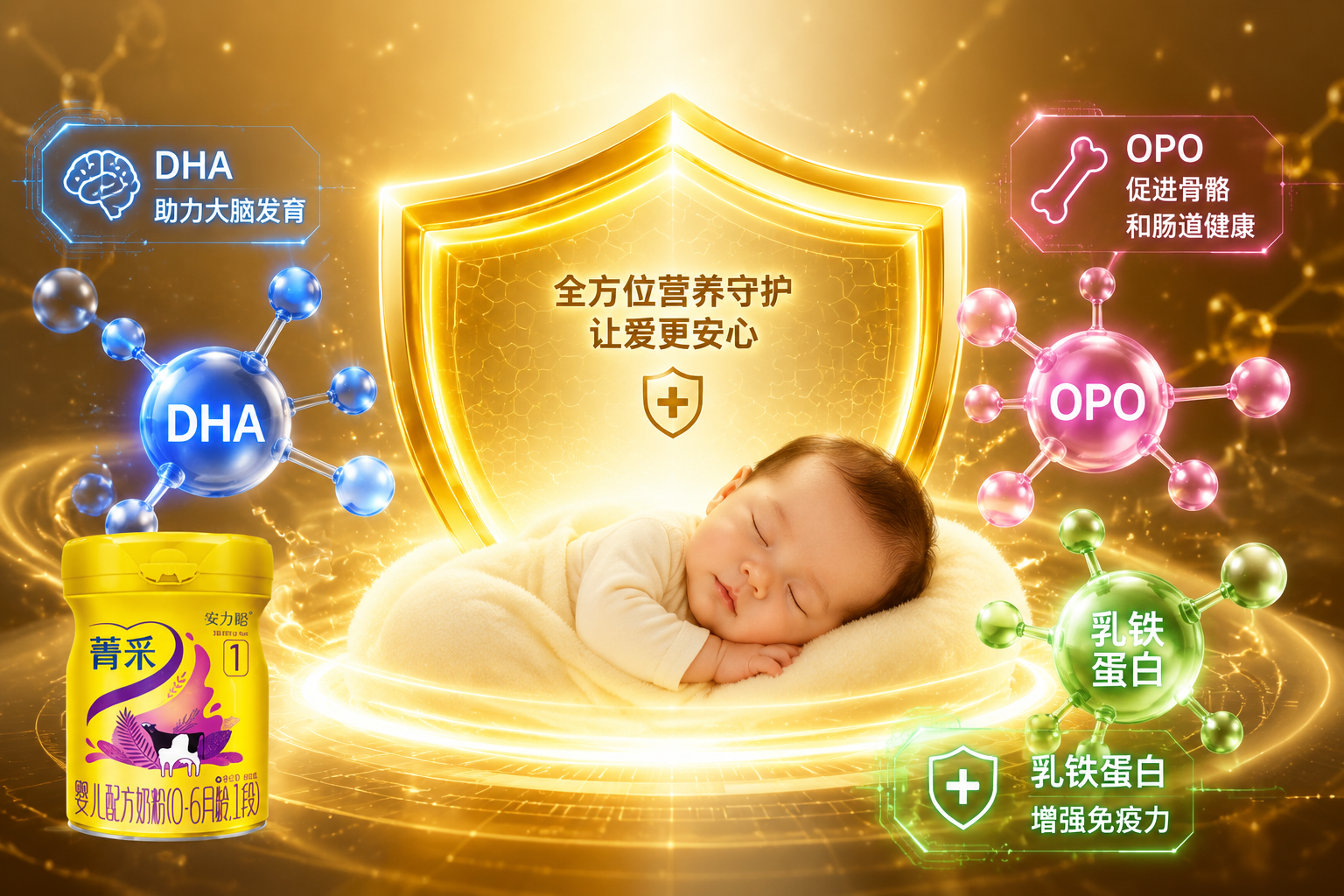 一个发光的金色盾牌保护着一个熟睡的婴儿,周围环绕着代表DHA(大脑)、OPO(骨骼和肠道)、乳铁蛋白(免疫力)的彩色分子结构,充满科技感和母婴呵护的温馨感。