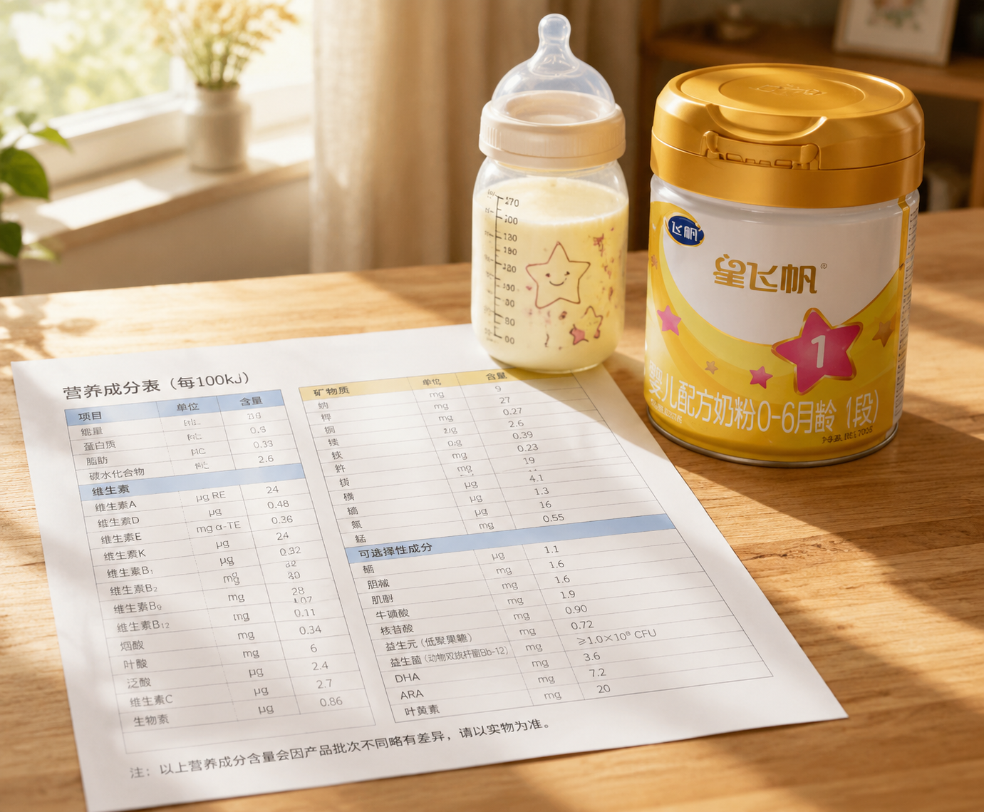 木质桌面上放着一份详细的营养成分报表,旁边是一个可爱的婴儿奶瓶和一罐奶粉,阳光透过窗户洒在桌面上,呈现出专业且温馨的居家测评氛围。